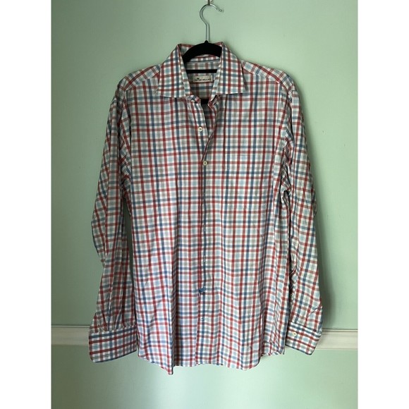 Peter Millar Men's Dress Shirt Size L Long Sleeve Button Front Check Blue Cotton - Picture 1 of 3